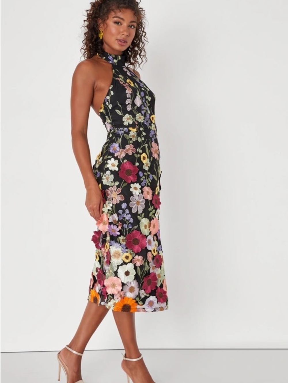 Lulu's Black Halter Midi Dress with Multicolor Floral Embroidery